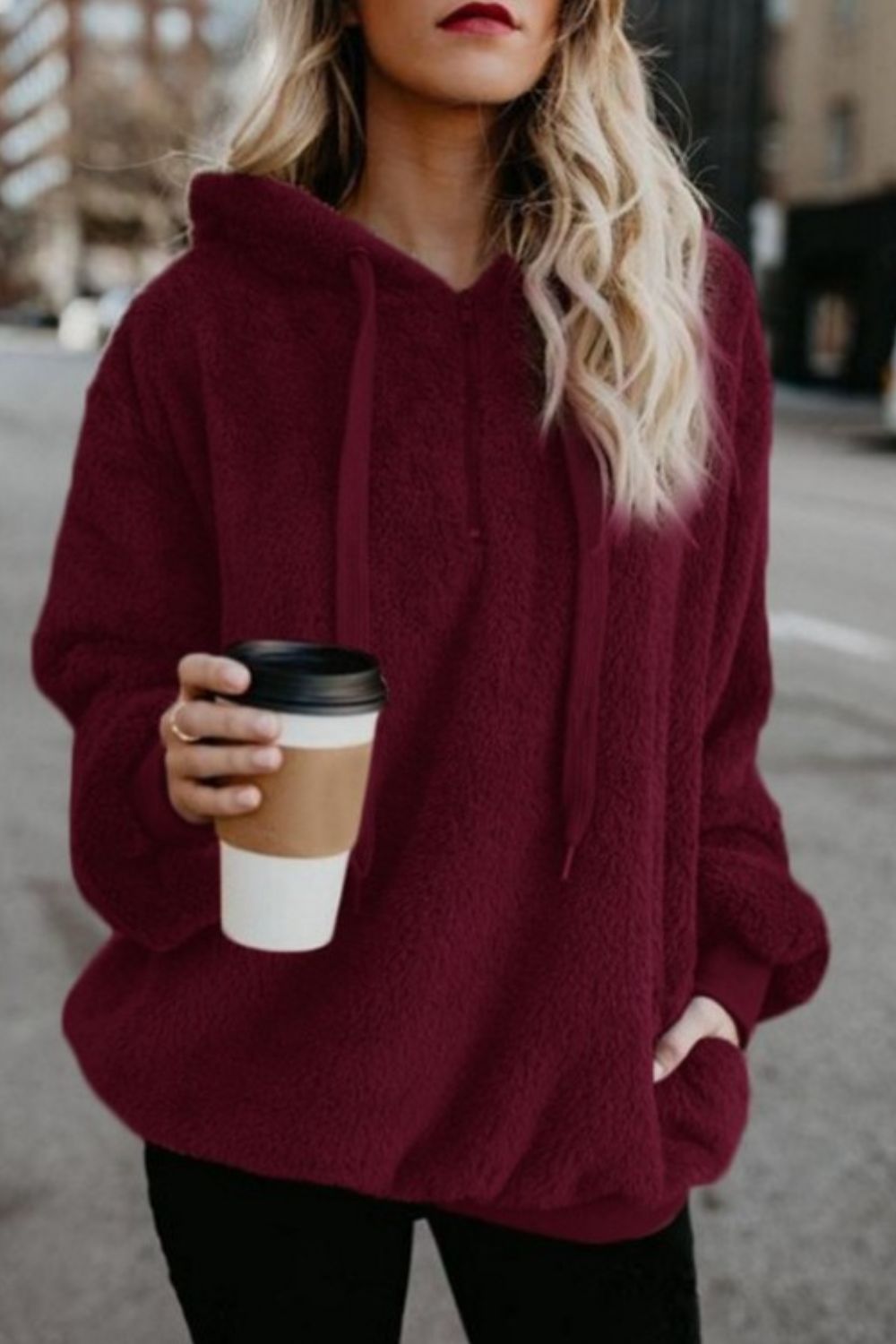 Quarter-Zip Drawstring Teddy Hoodie - US Only