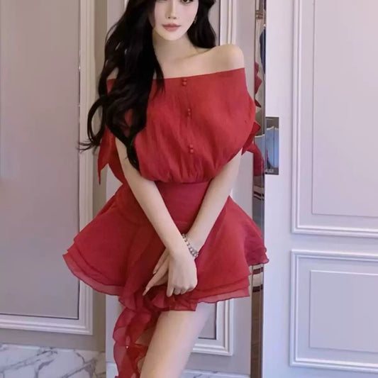 Backless Lace-up Off-shoulder Seersucker Shirt Dress Short Pantskirt Suit
