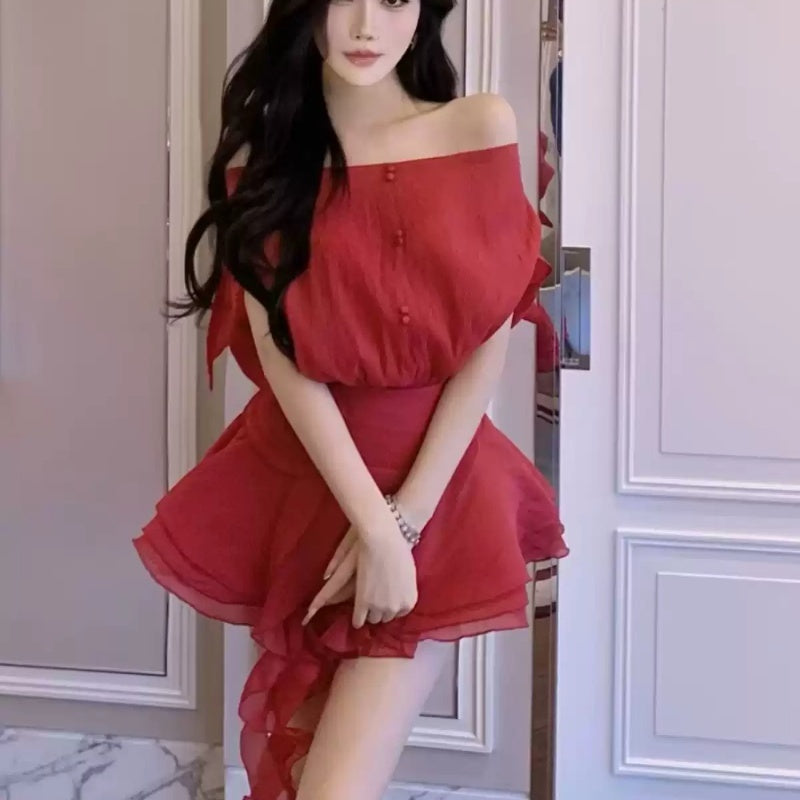 Backless Lace-up Off-shoulder Seersucker Shirt Dress Short Pantskirt Suit