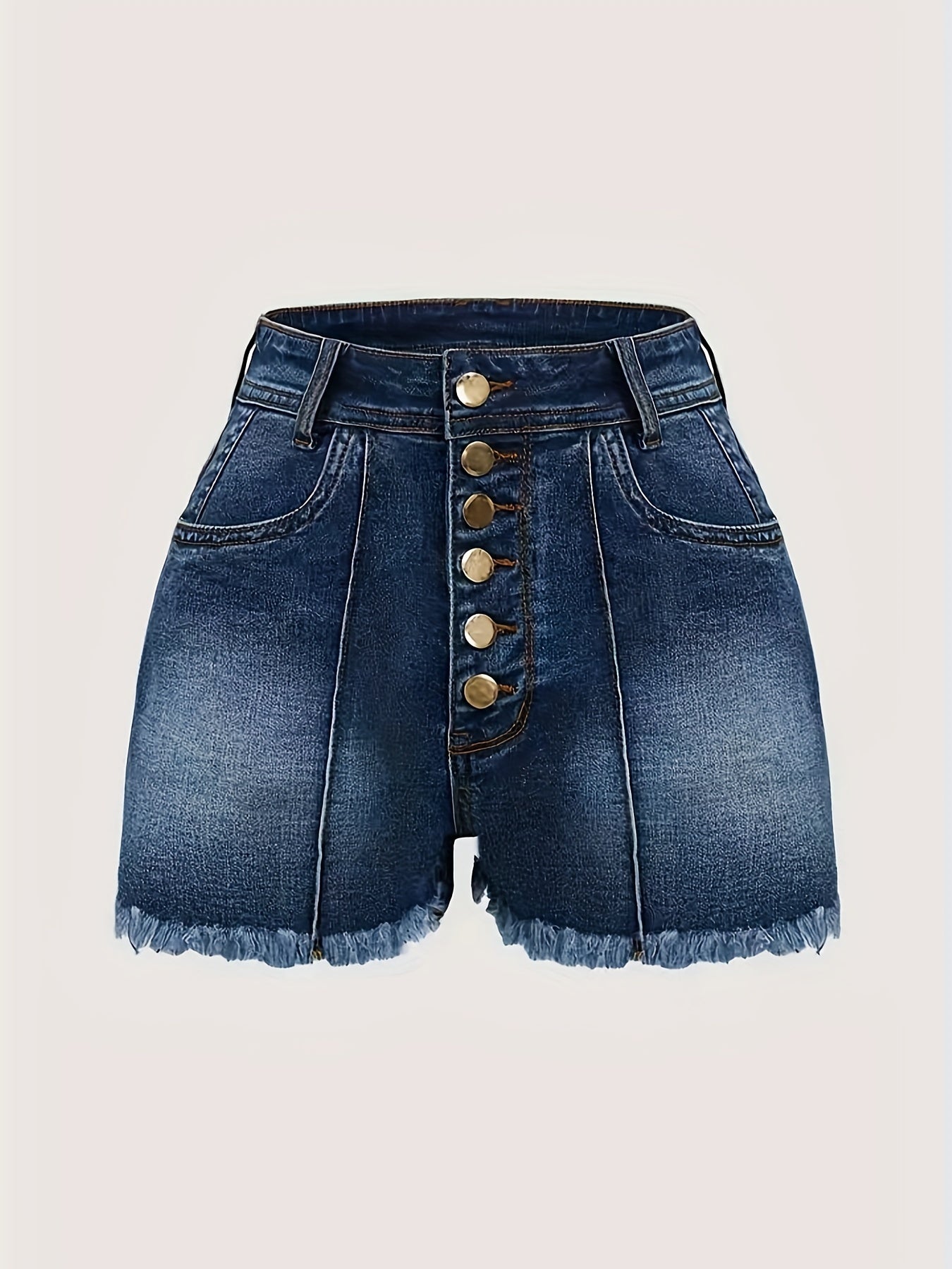 High-Waist Single-Breasted Buttoned Raw-Hem Denim Shorts