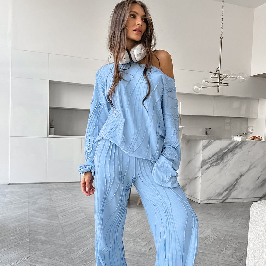 Comfortable Soft Knit Long-sleeve Top And Pants Pajama Set For Home Wear