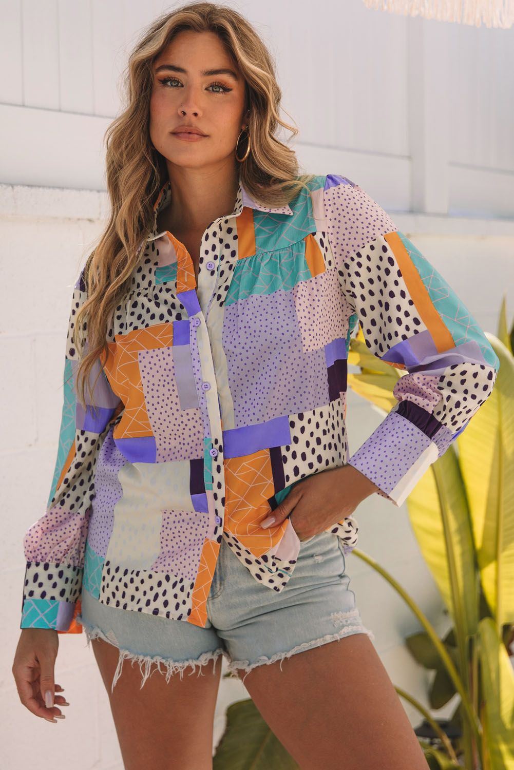 Printed Front Button Cuffed-Sleeve Shirt For Women