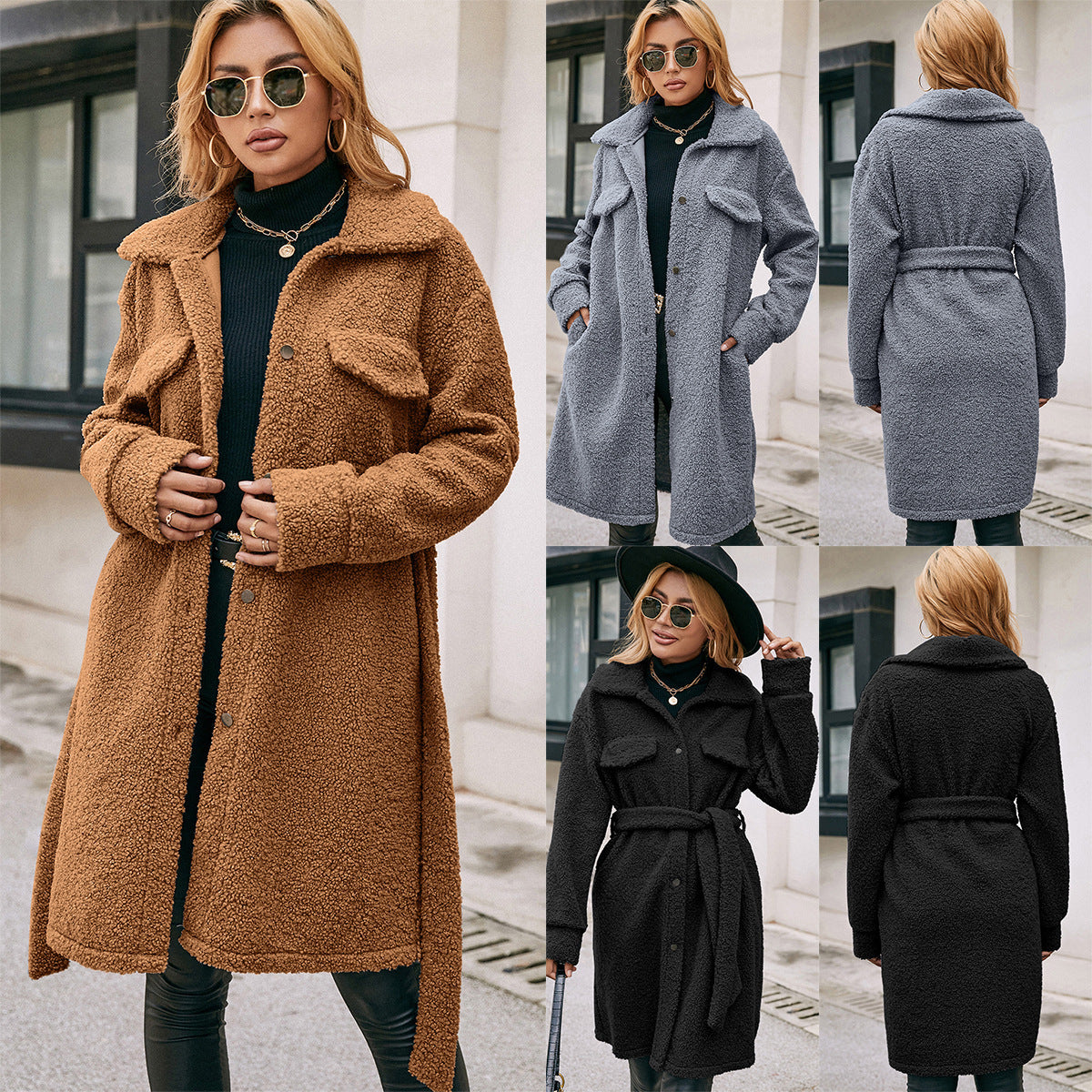 Single-Breasted Plush Midi Trench Coat For Women