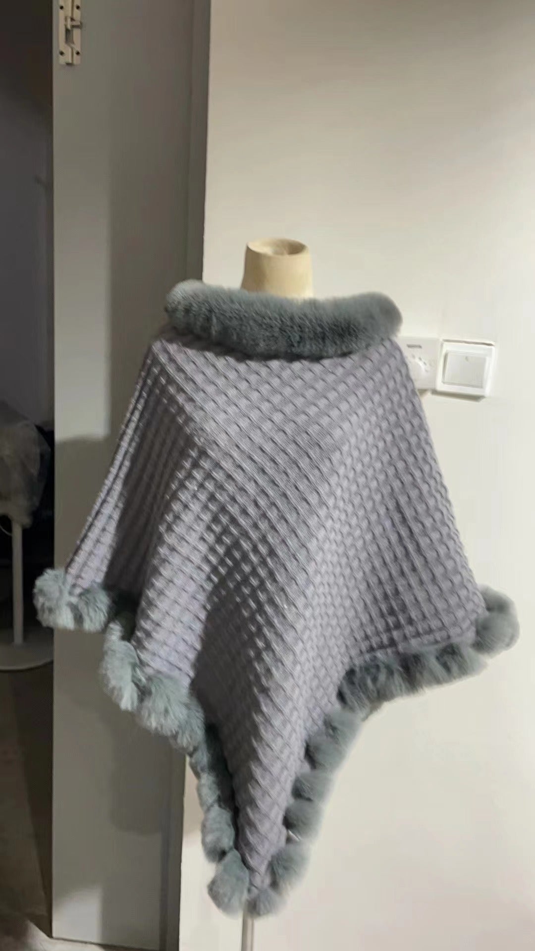 Rex Rabbit Fur-Collar Shawl Cape