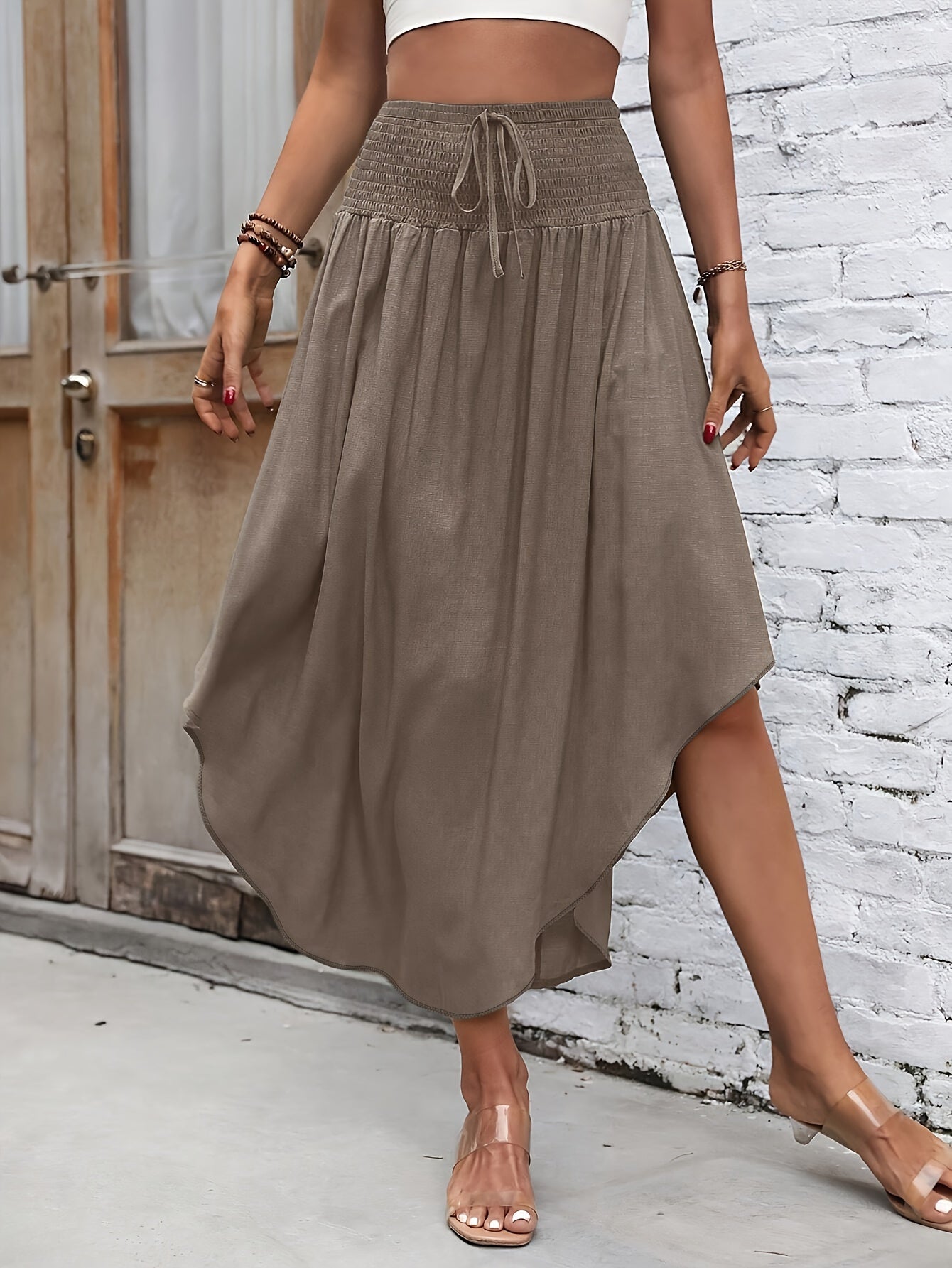 Asymmetrical Hem Tie Front Midi Skirt