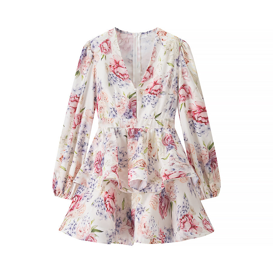 Printed V-Neck Lantern-Sleeve Short Dress