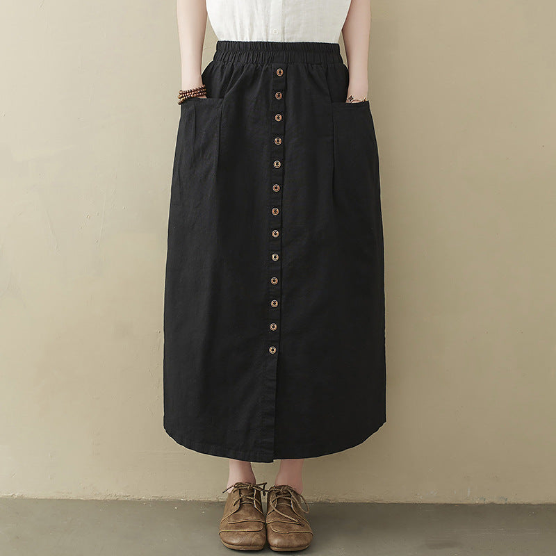 Literary Loose Solid Color Cotton And Linen Elastic Waist Skirt