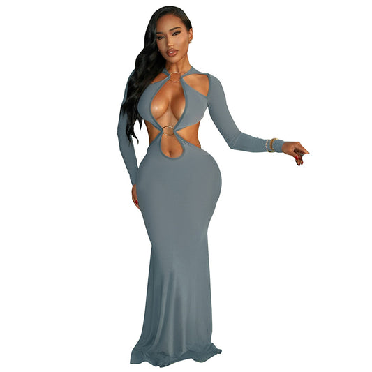 Hollow Long-Sleeve slim Fishtail Maxi Dress