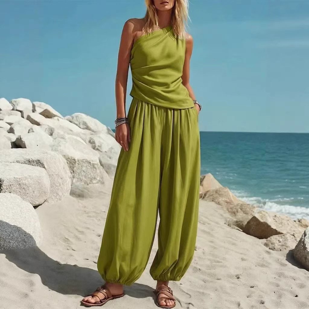 Casual Minimalist Solid-Color Sleeveless Tank Top And Loose High-Waist Pants Set For Women