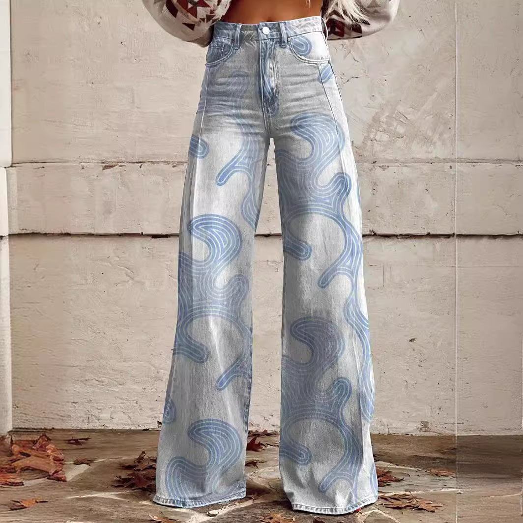 Women's 3D Printed Denim Wide-Leg Pants