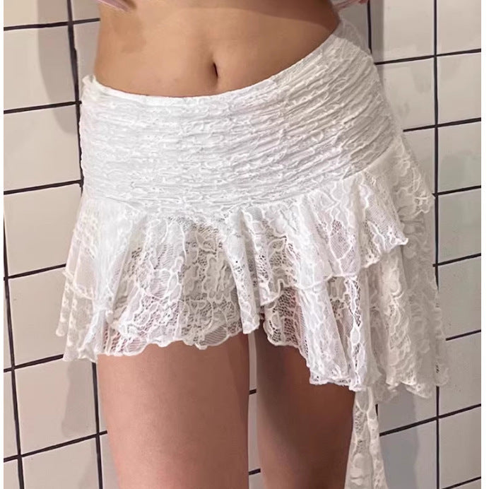 Retro-Style Lace-Edge Irregular-Hem Mini Skirt