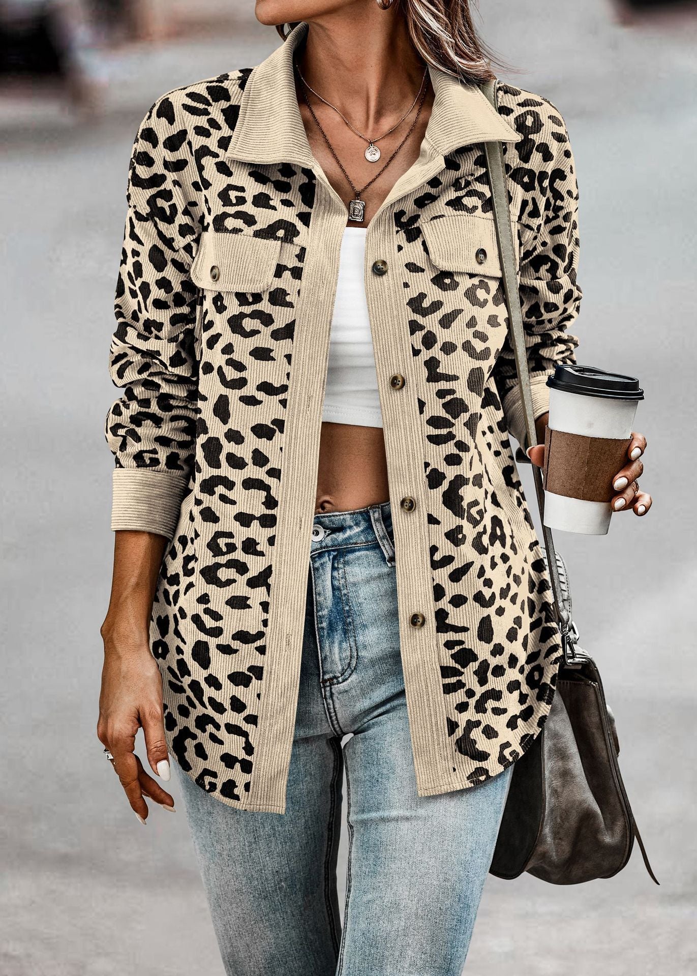 Leopard Print Corduroy Shirt Jacket