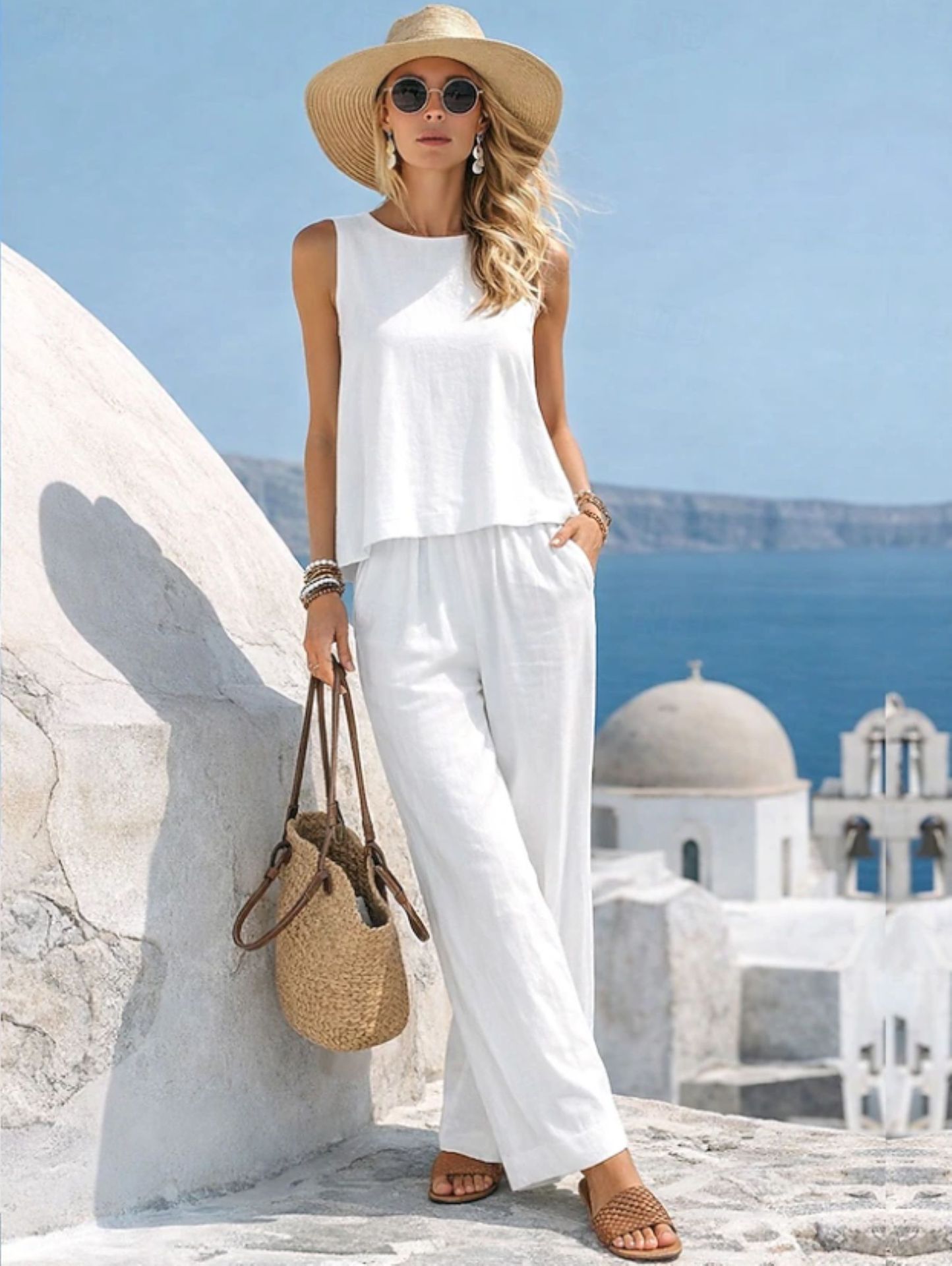 Casual Cotton-Linen Vest & Pants Outfit