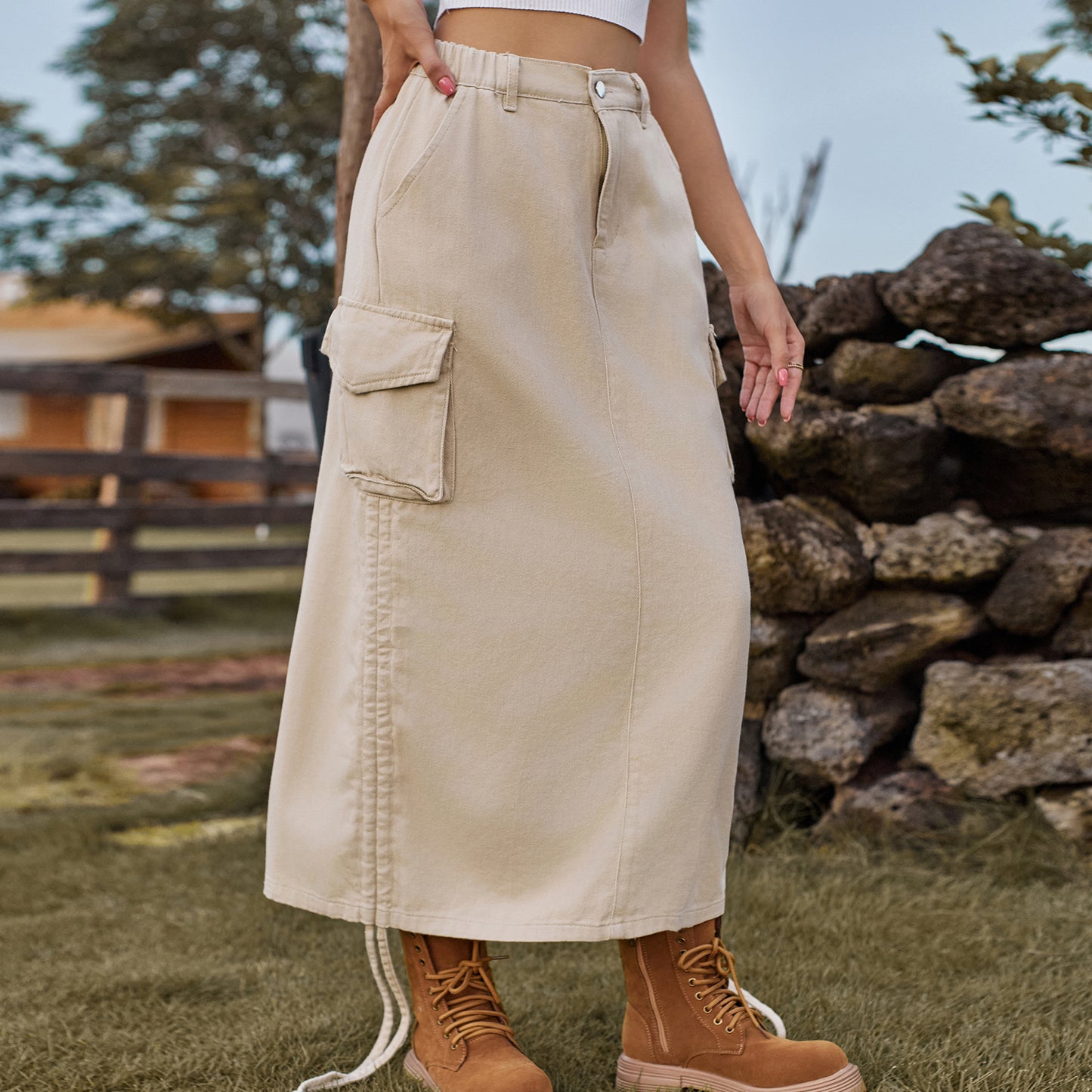 American-Style Denim Casual Midi Skirt