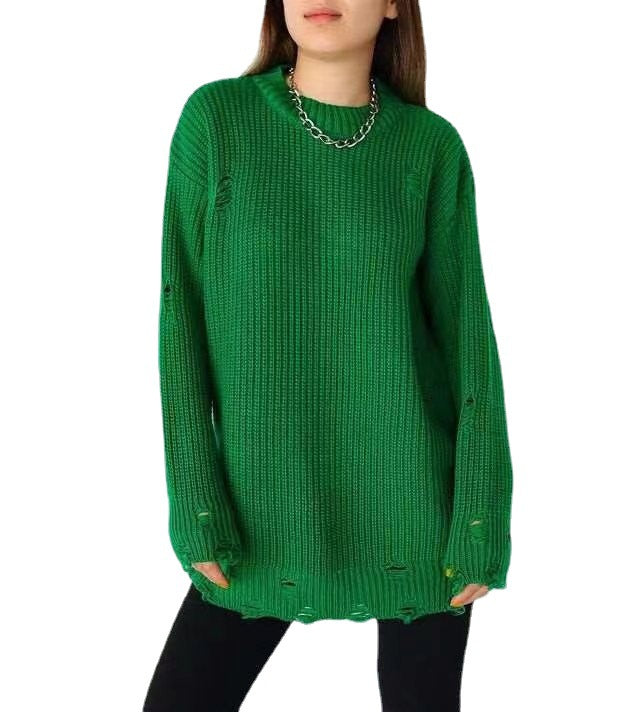 Round-Neck Long-Sleeve Burrs Loose Knitted Pullover Sweater Dress