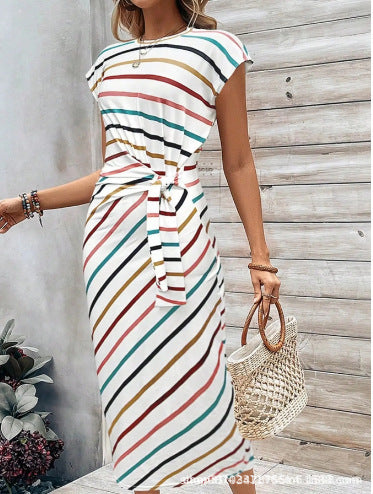 Waist-Strap Striped Round-Neck Short-Sleeve Long Pattern Dress