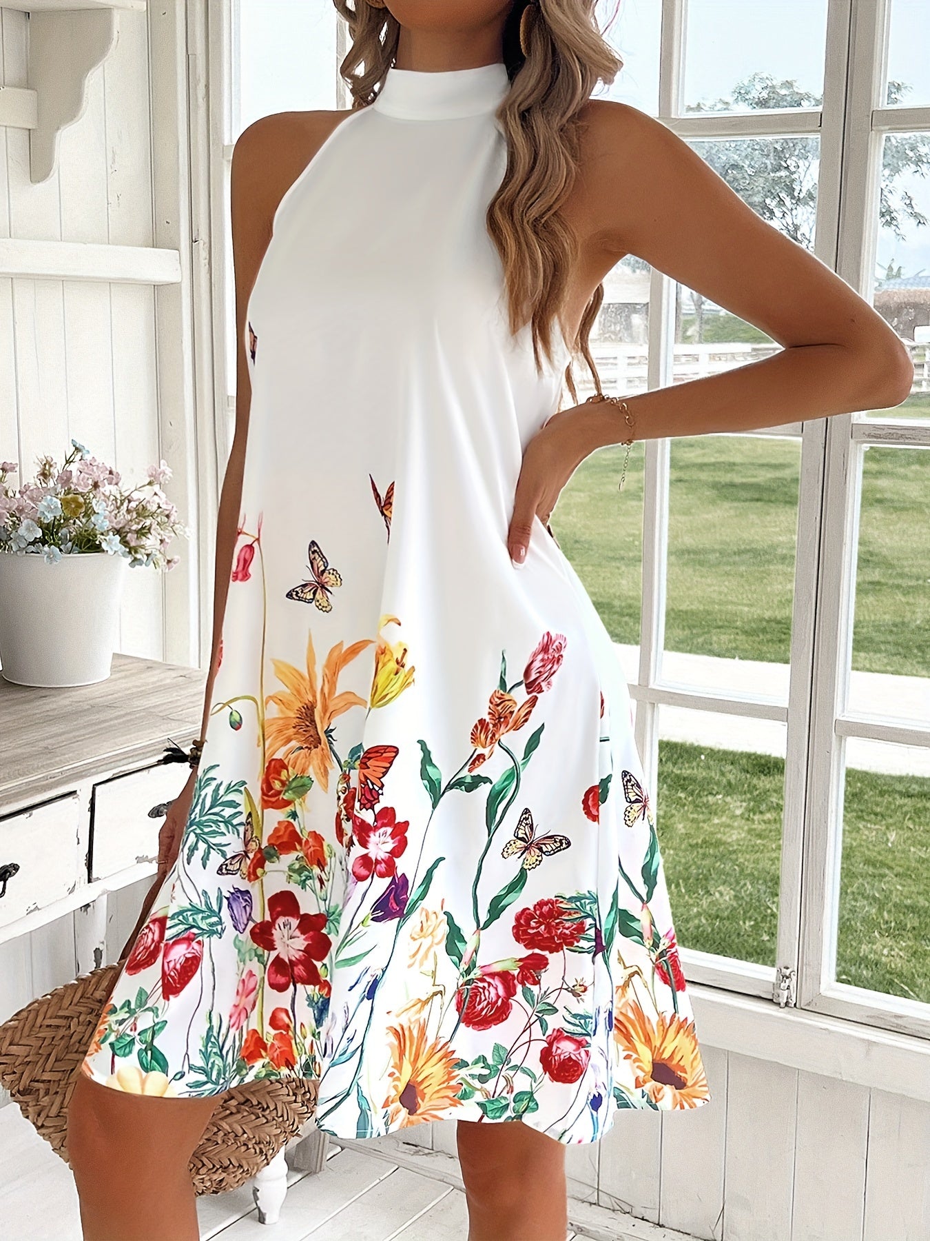 Floral & Butterfly Print Halter-Neck Dress