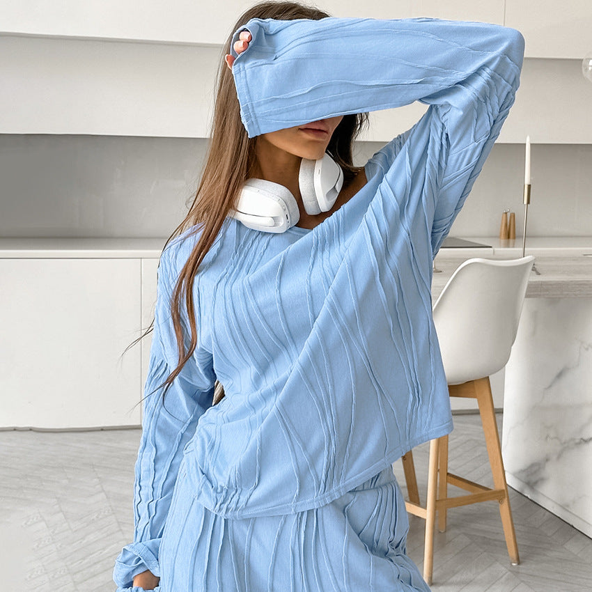 Comfortable Soft Knit Long-sleeve Top And Pants Pajama Set For Home Wear