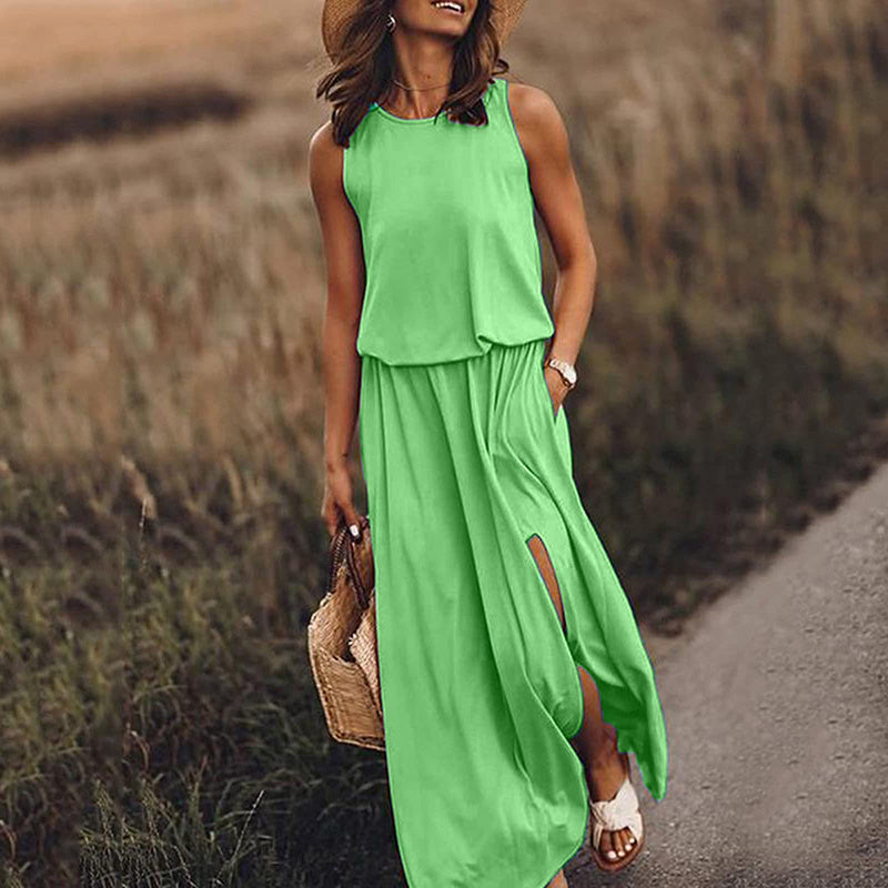 Pockets Sleeveless Crew-Neck Maxi Dress - US Only
