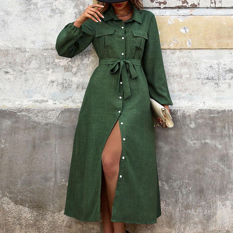 New Turn-Down-Collar Long-Sleeve Dress