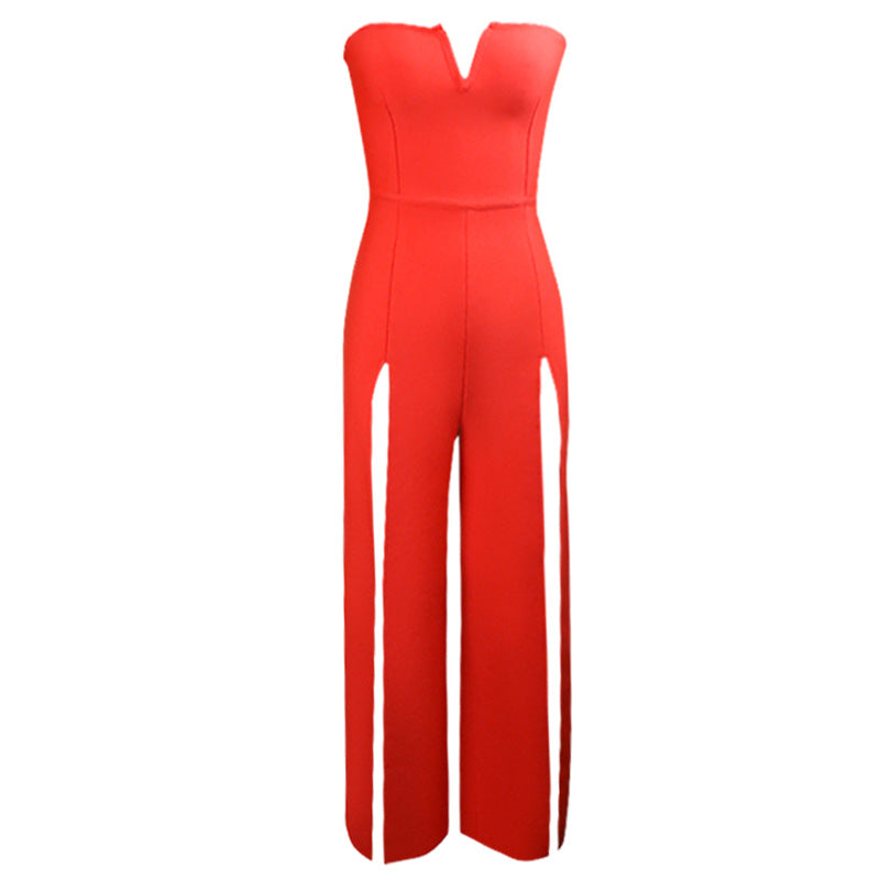 Split Trousers Suit - Women's Tube Top Wrapped Hip Bandage Jumpsuit