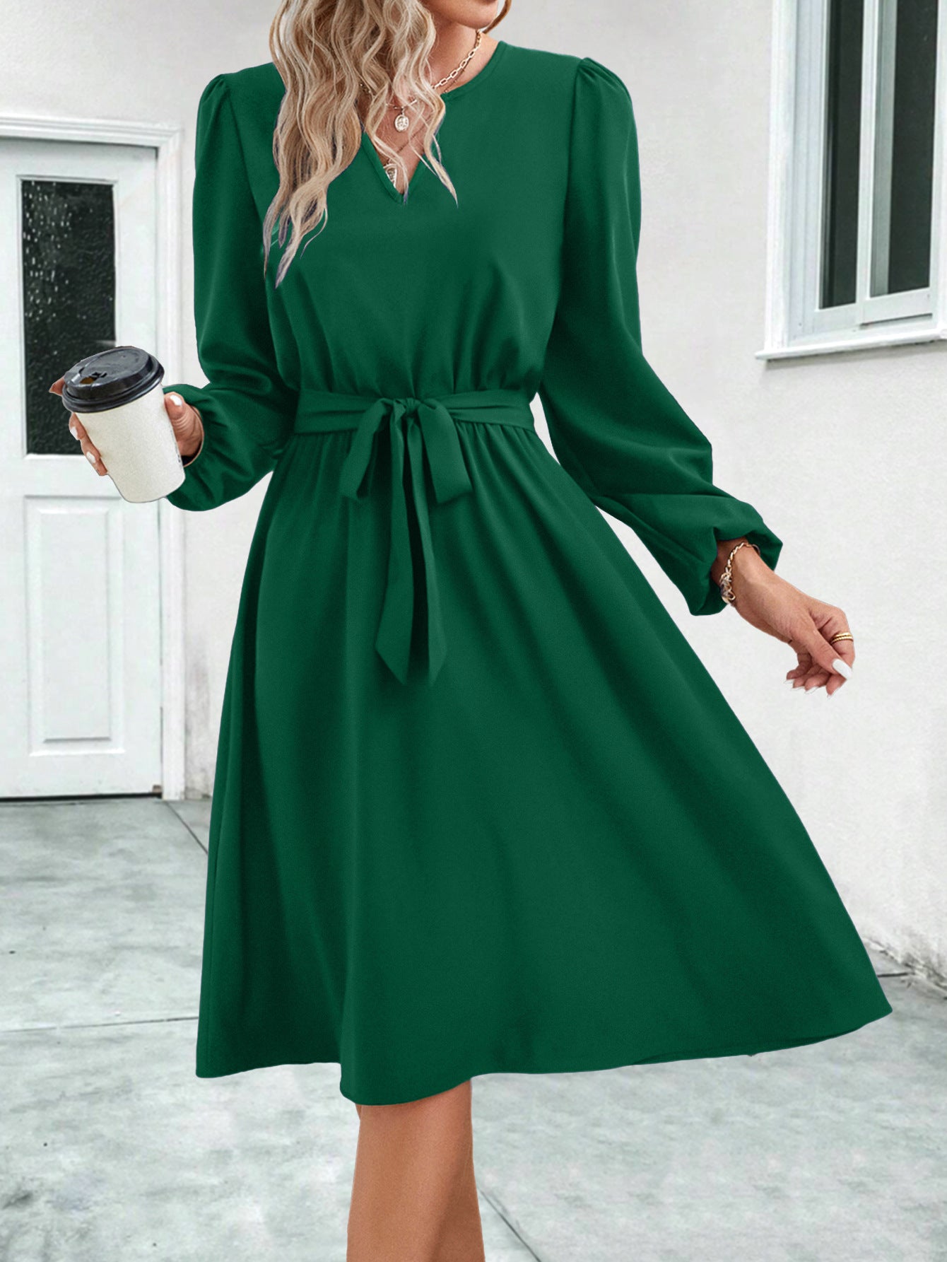 European & American Style Long-Sleeve Small V-Neck Lace-Up Dress