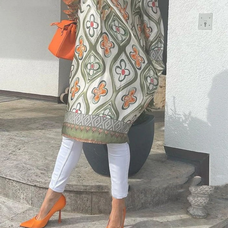 V-Neck Printed Loose Midi Dress