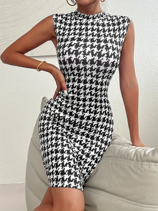 Houndstooth Print Mock Neck Bodycon Dress