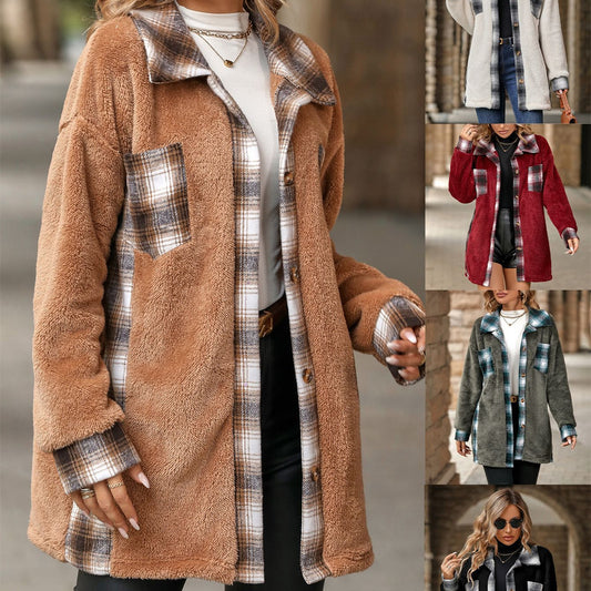 Single-Breasted Lapel Midi Plaid Plush Coat