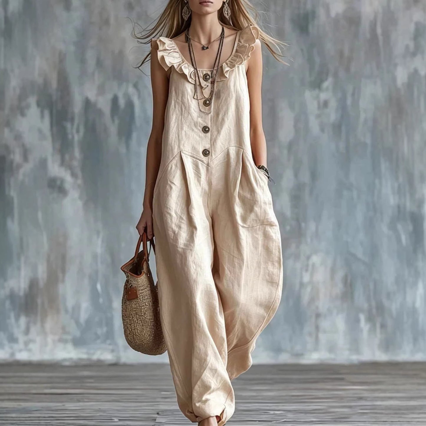 Womens Solid-Colored Sleeveless Button-Down Jumpsuit