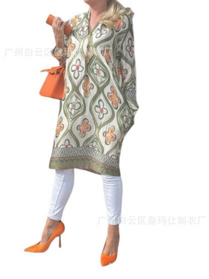 V-Neck Printed Loose Midi Dress