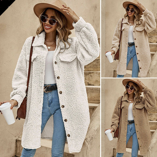 Open-Button Lapel Plush Loose Long-Cut Coat