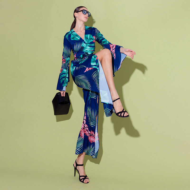 Street Bell Sleeve High Waist Slit Wide Leg Pants Suit