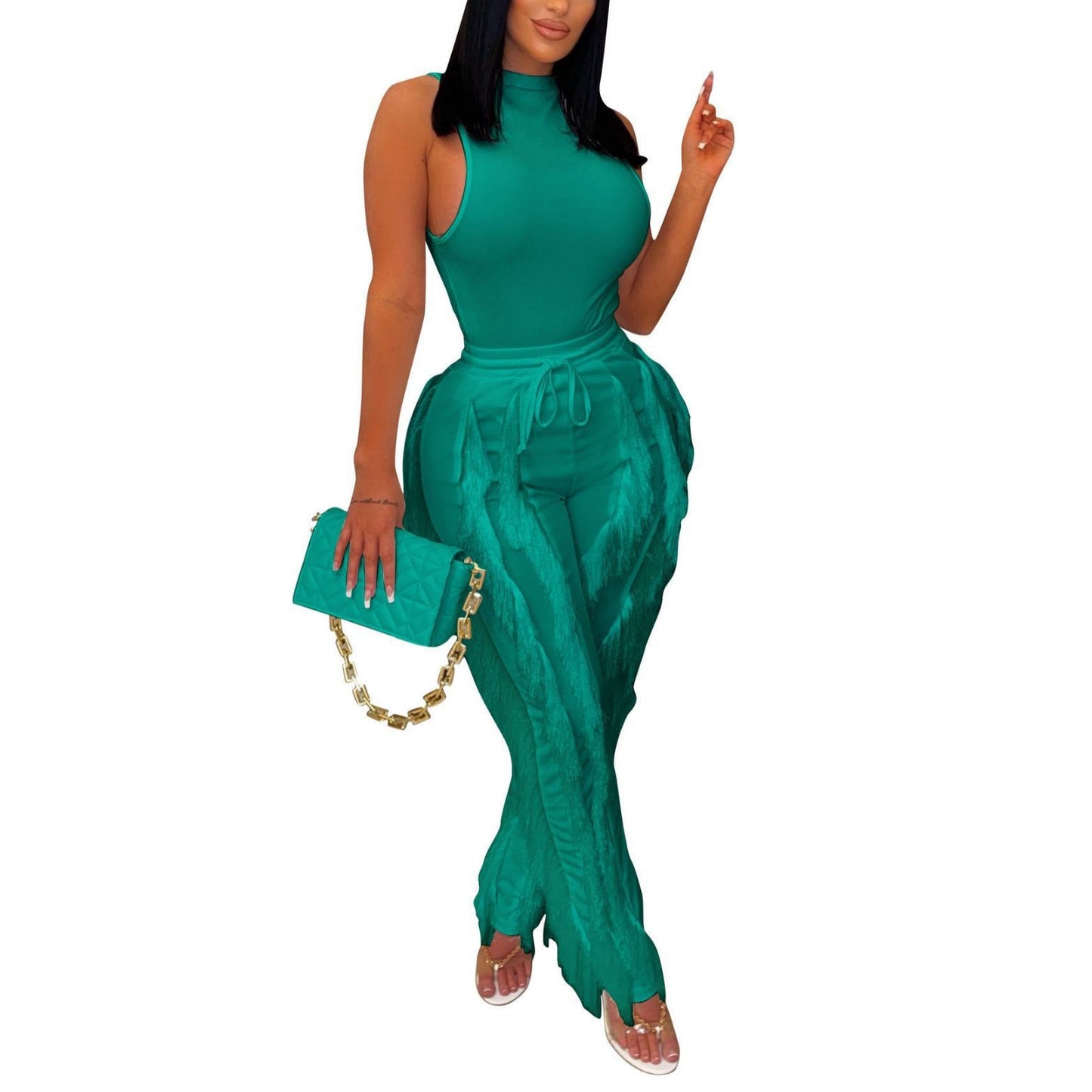 Women's Two-Piece Set Tassel Lace Sleeveless Casual Trousers Suit