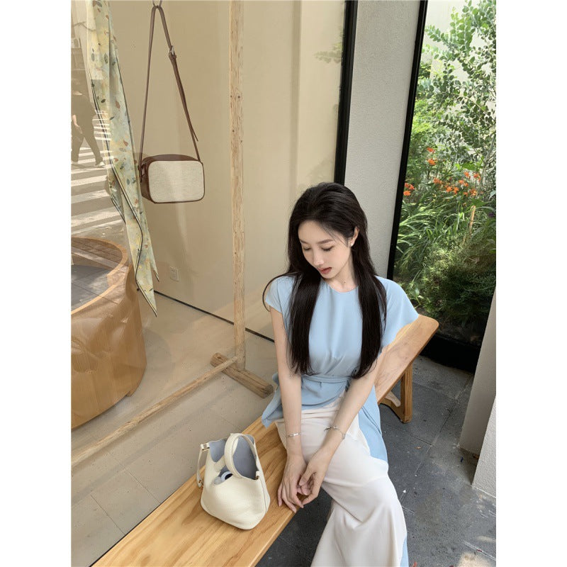 Gentle-Design Two-Piece Patchwork Cinched Tie Slim-Fit Dress