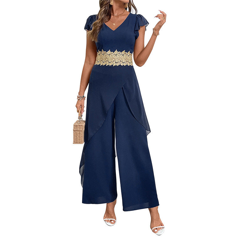 Lace V-Neck Stitching Jumpsuit