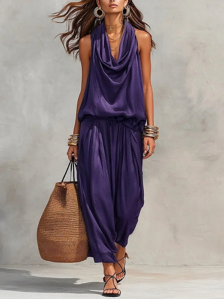 Draped-Neck Vest & Casual Pants Outfit