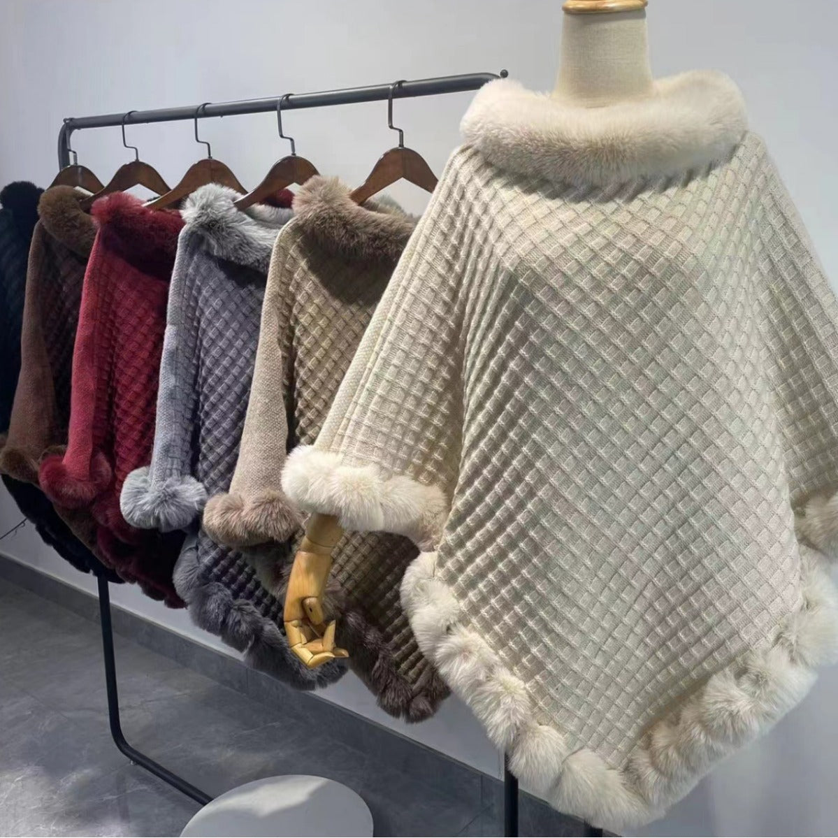 Rex Rabbit Fur-Collar Shawl Cape