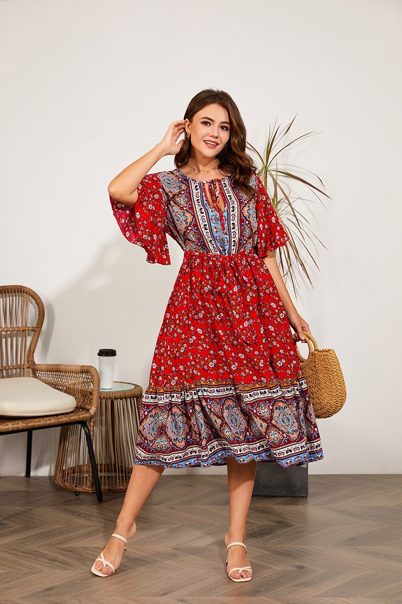 Plus-Size V Neck Print Dress