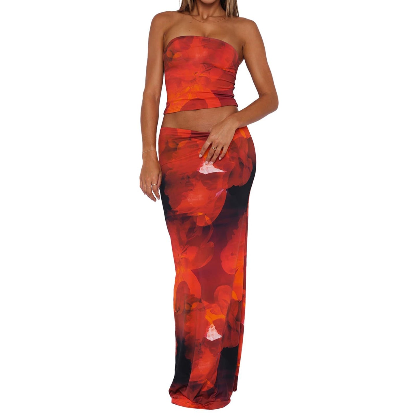 Sexy Form-fitting Two-piece Set Featuring A Floral Bustier Top And A Midriff-baring Bodycon Skirt