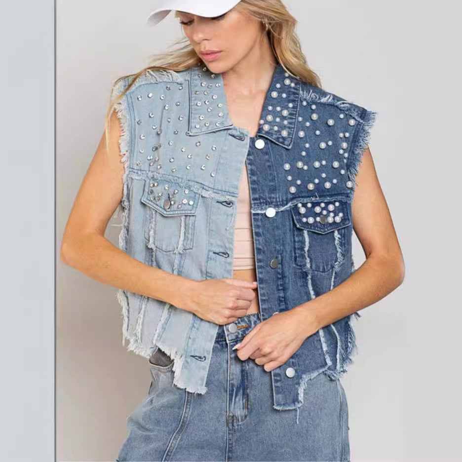 Splicing Beads Loose Short Denim Vest