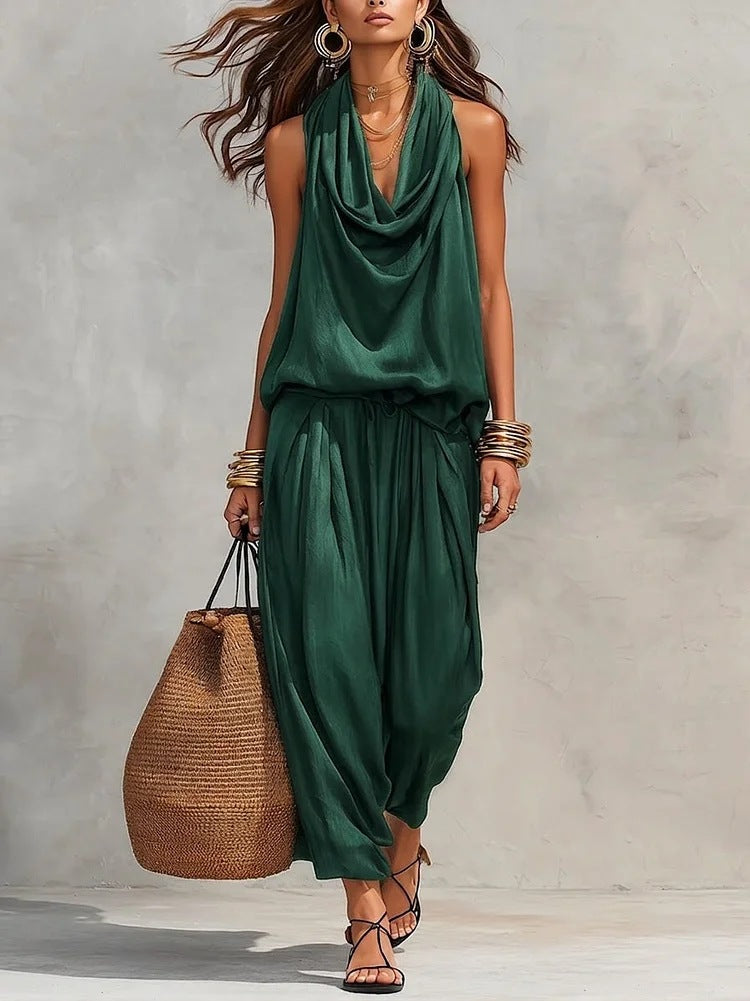 Draped-Neck Vest & Casual Pants Outfit