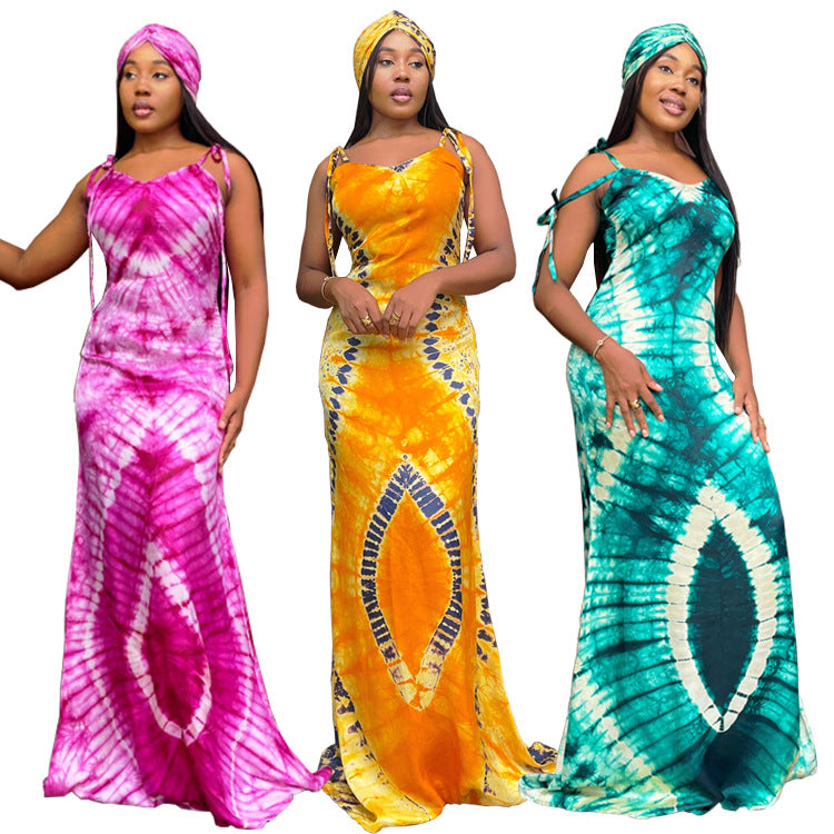 Printed Suspender Slim-Fit Long Dress