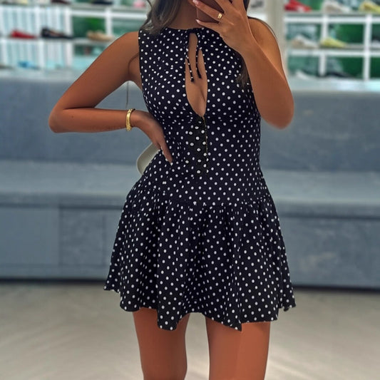 Deep V-Neck Hollow Lace-Up Polka Dot Dress