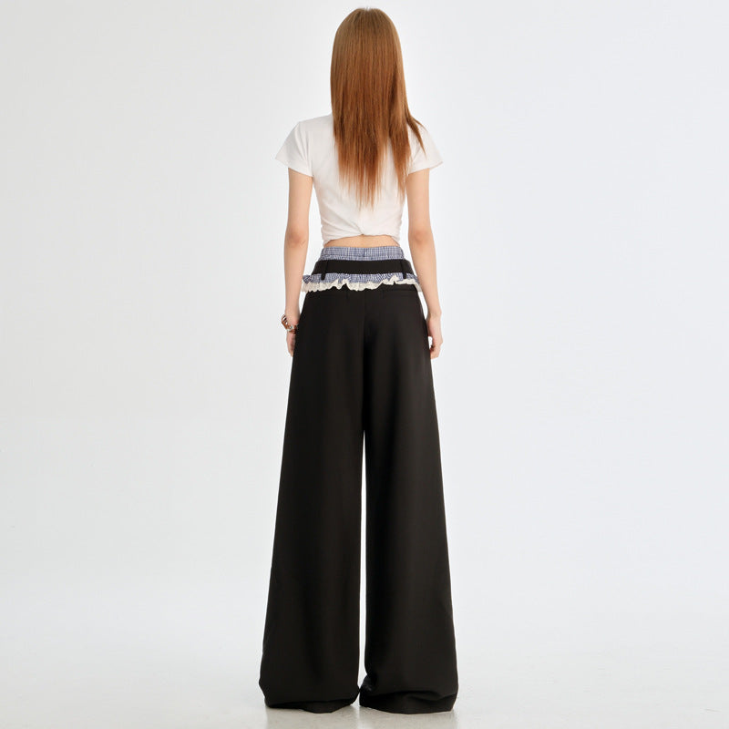 Spliced Lace Trim Double-Waistband Trousers