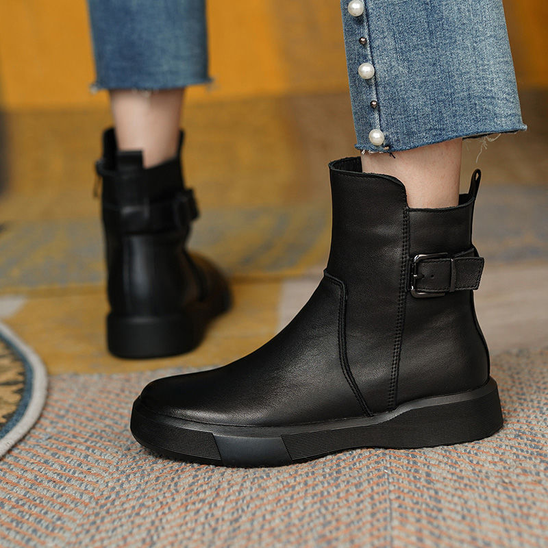 Vintage Side-Zipper Buckle Ankle Boots