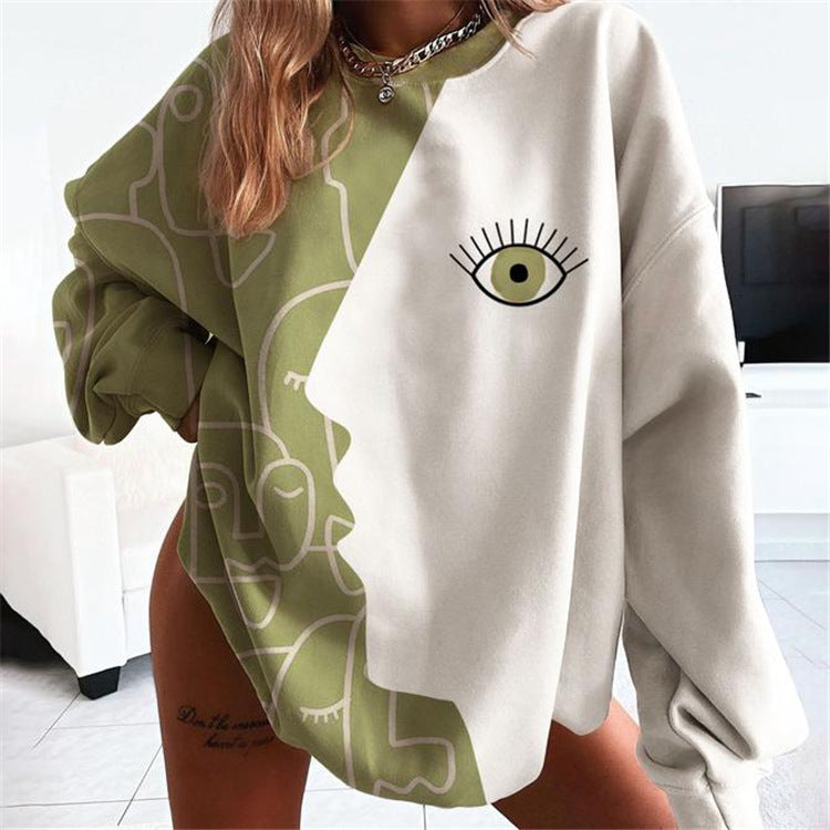 Long-Sleeve Printed Round-Neck Mid-Length Sweater For Women