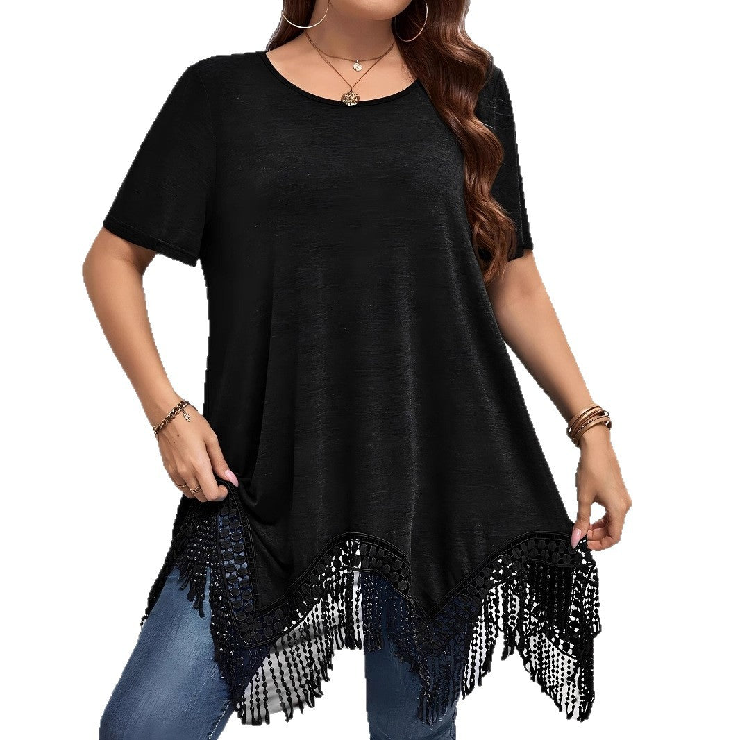 Versatile Solid-Color Short-Sleeve Top With Tassel-Trimmed Irregular Hem