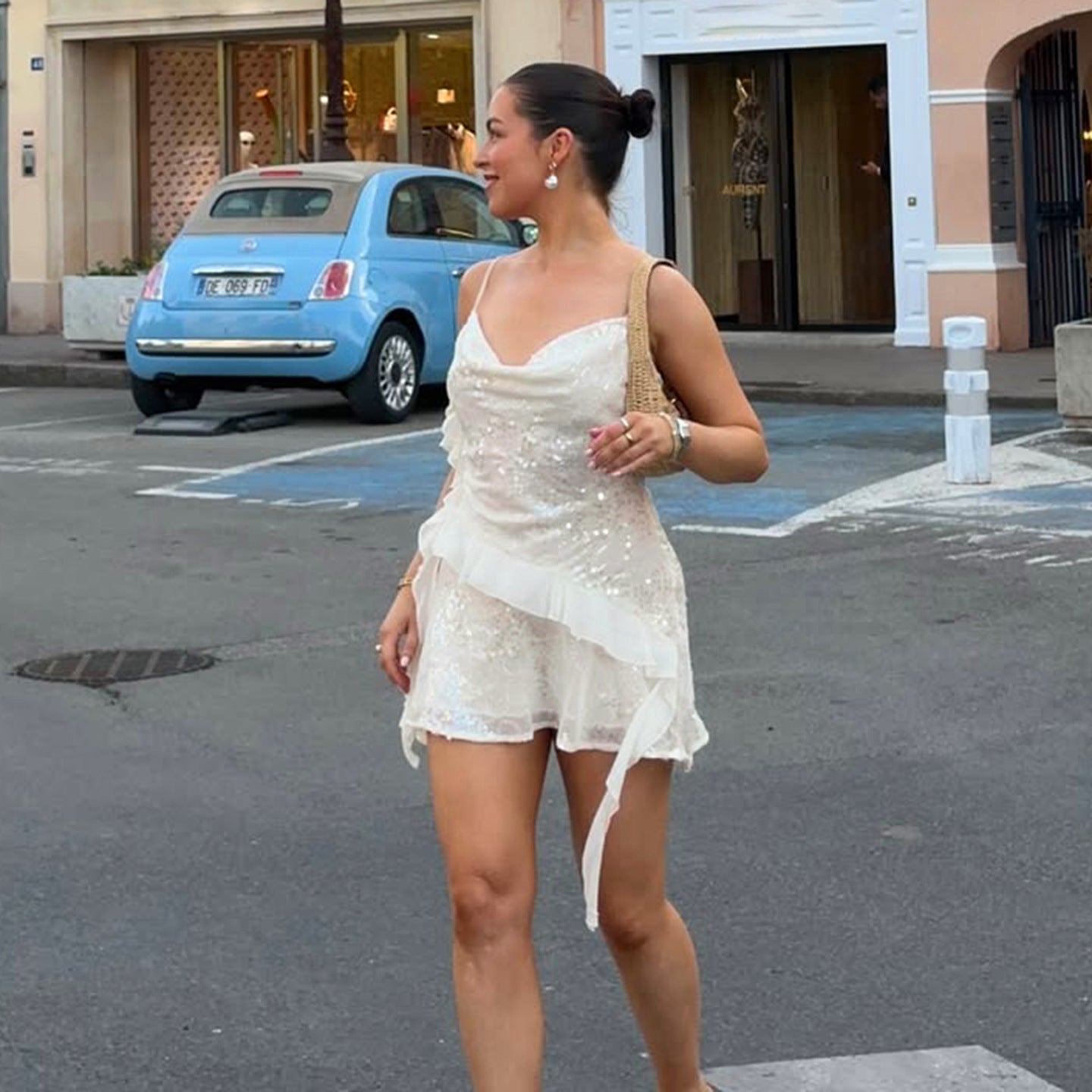 Sequin-Trimmed Irregular-Hem Pleated Dress