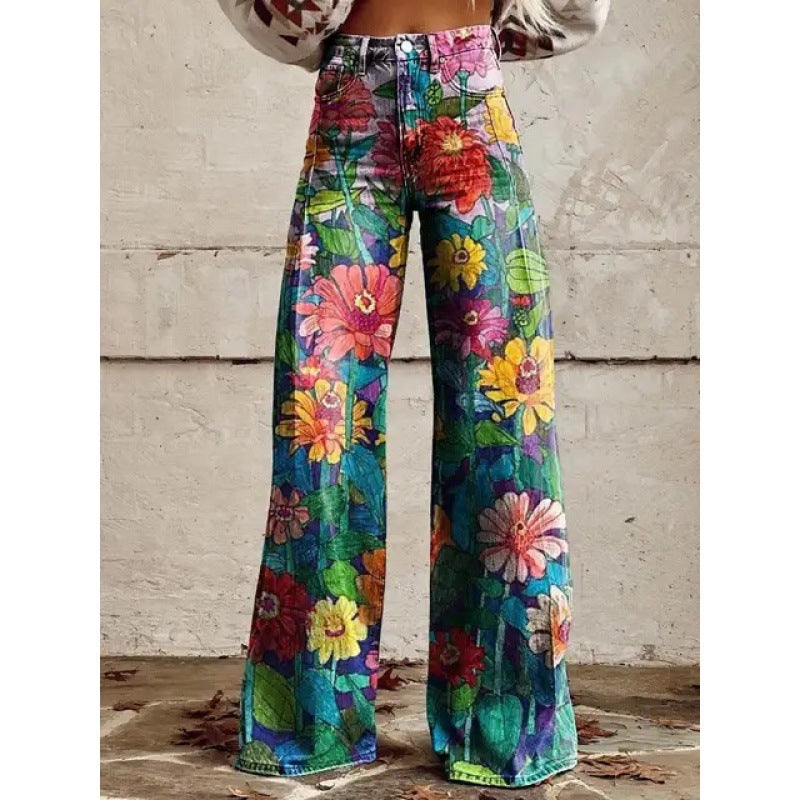 Printed High-Waist Loose Thin Imitation Denim Wide-Leg Pants